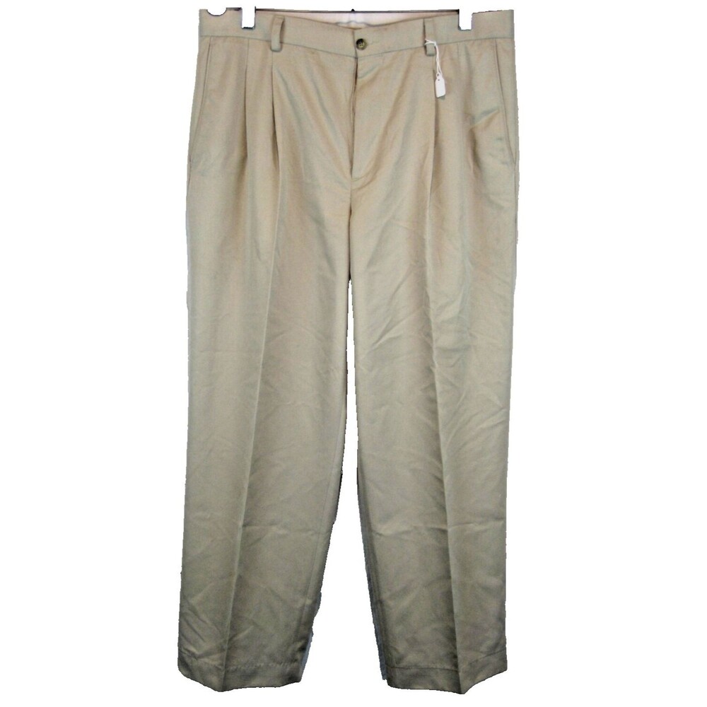 Mens Oxford Golf Tan Pleated Poly Casual Golf Pants sz 36x30